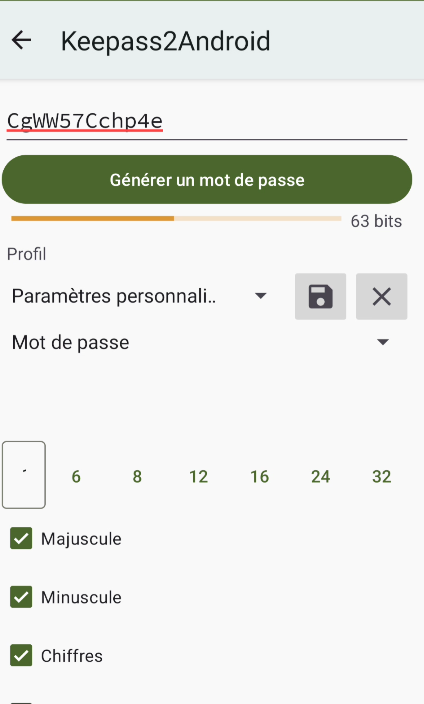 Générer un mot de passe complexe avec KeePass2Android