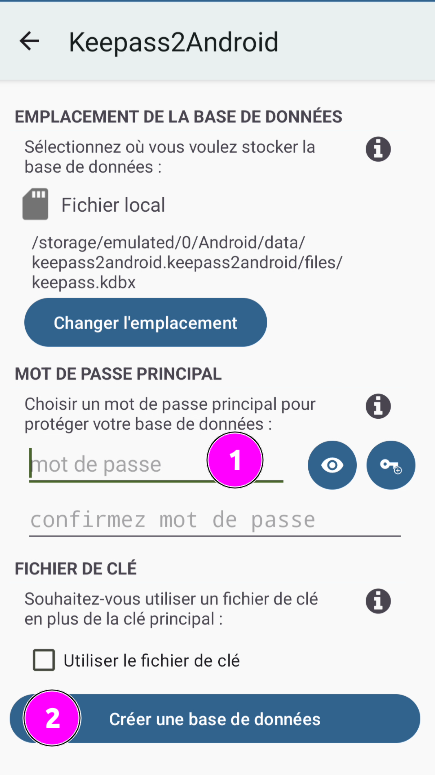 Choisir le mot de passe principal de KeePass2Android